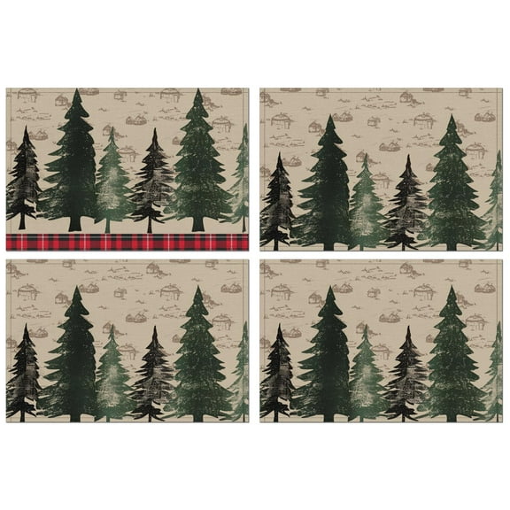 Festive Placemats Set of 4, 12x17 Inch Christmas Watercolor Design - Wipeable Vinyl Mats for Dining Table Holiday Season Family Dinner