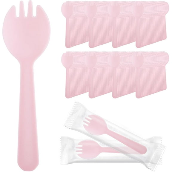 NAMZI 200pcs Individually Wrapped Disposable Sporks, Heavy Duty Silverware Set (Fork-Spoon Combo), Ideal for Parties, Weddings, Birthdays & Gatherings-Pink