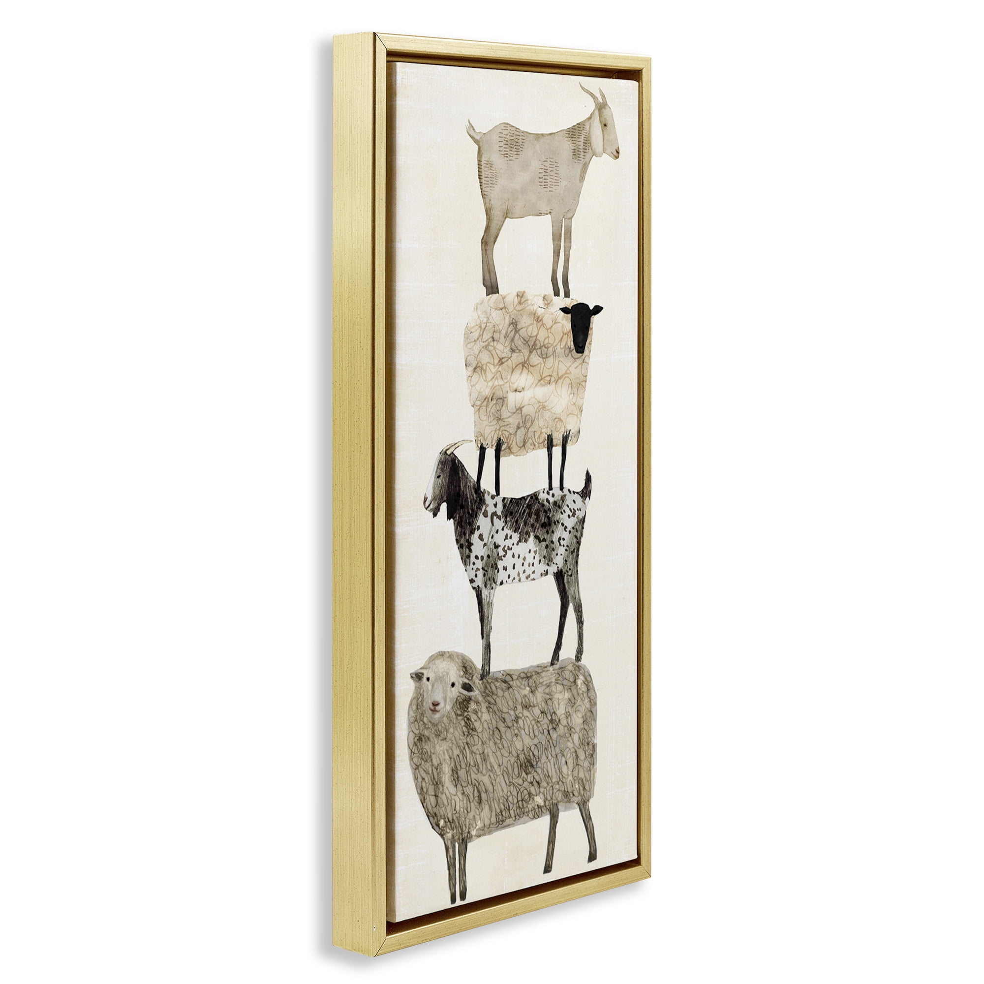 Stupell Industries Fun Stacked Sheep & Goats Farm Animals Animals & Insects Painting Gold Floater Framed Canvas Art Print Wall Art, 11 x 25