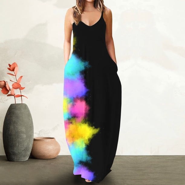 Puntoco Vestidos Mujer Verano Mujer Suelto Bolsillo Cuello En V Impresión Degradado Sin Mangas Suelto Casual Sling Vestido Largo