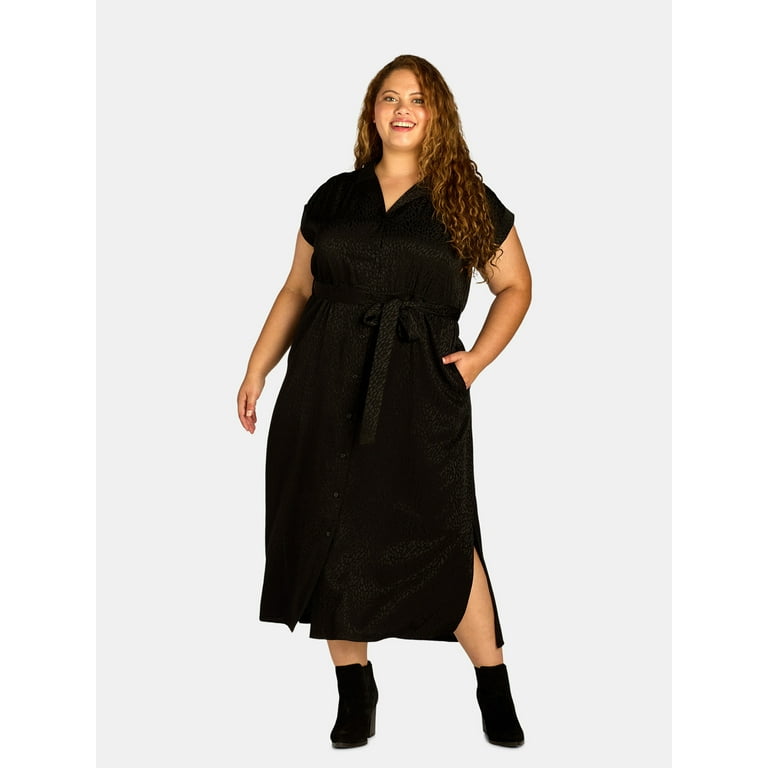 Terra Sky Black Label Women s Plus Size Sleeveless Midi Shirt Dress with Rolled Cuffs 0X 4X