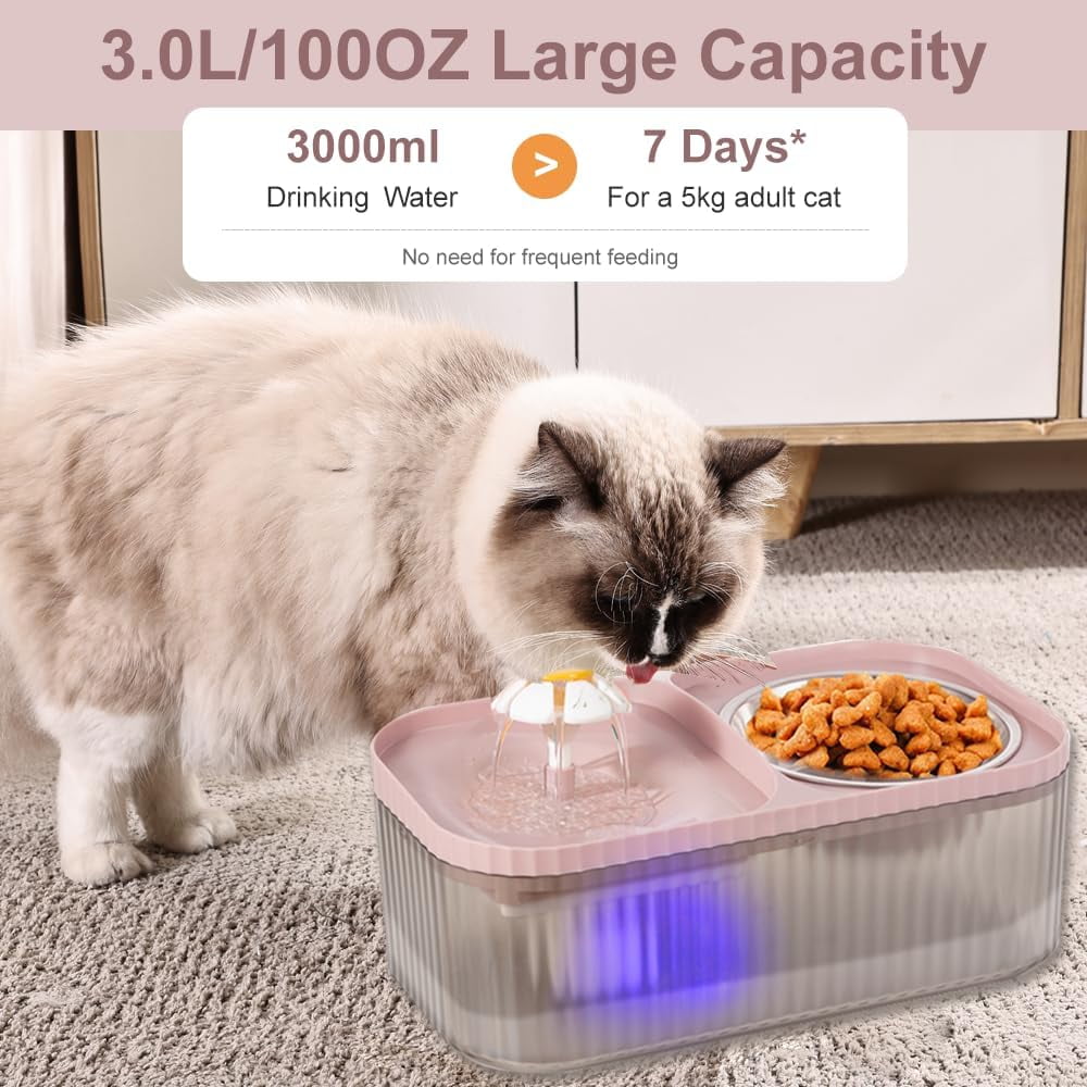 Cat Water Fountain and Stainless Steel Food Bowl, 100oz/3L Super Quiet Automatic Pet Water Dispenser with Smart Pump and 3 Replacement Filters for Cats and Small Dogs, Green