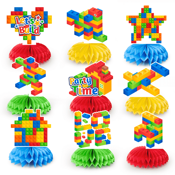 Building Block Party Supplies, 9Pcs Building Block Honeycomb Centerpieces,Building Block Honeycomb Table Decorations Building Block Party Honeycomb for Building Block Birthday Party