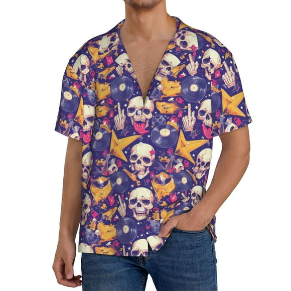 Fotbe rock Skull record Camisa Estampada de Manga Corta para Hombre, Casual de Verano, Estilo Playero, Sin Arrugas-3X-Large