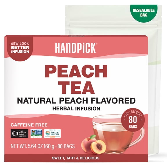 HANDPICK, Peach Tea Bags (80 Count) Non-GMO, Caffeine-Free - Peach, Hibiscus, Cinnamon, Cloves, Ginger | Floral & Refreshing Herbal Tea Bags, Brew Iced Tea or Hot Tea