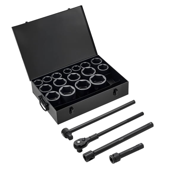 KFFKFF 1 in Drive Impact Socket Set, 21-Piece, 6-Point Shallow Sockets, SAE (1-5/8 in to 3-1/8 in), Includes 8 in & 18 in Extension Bars, 24 in Ratchet, Cr-V Steel, Size Markings, and Storage Case
