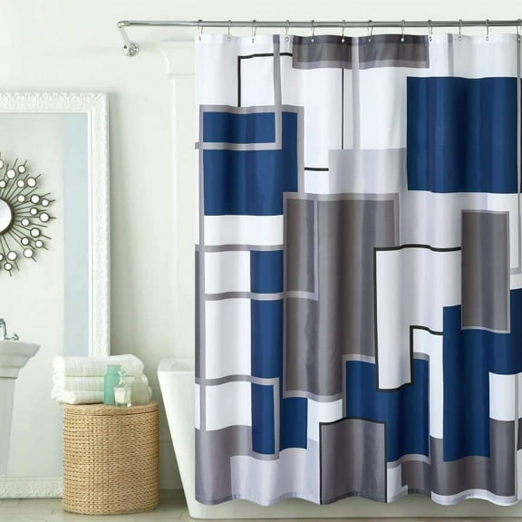 Modern Geometric Shower Curtain Blue,Blue and Black White Waterproof Shower Curtain Set for Bathroom Restroom with 12 Metal Hooks, 72 x 84 inch