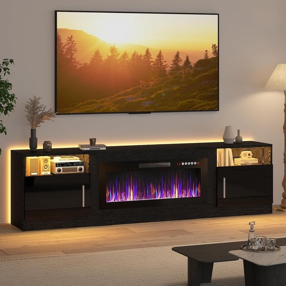 80''Fireplace tv Stand with 36 inch Fireplace Up to 80" TVs,LED Light Entertainment Center and Storage, 70" Modern Wood Media TV Console with Highlight Cabinet for Living Room