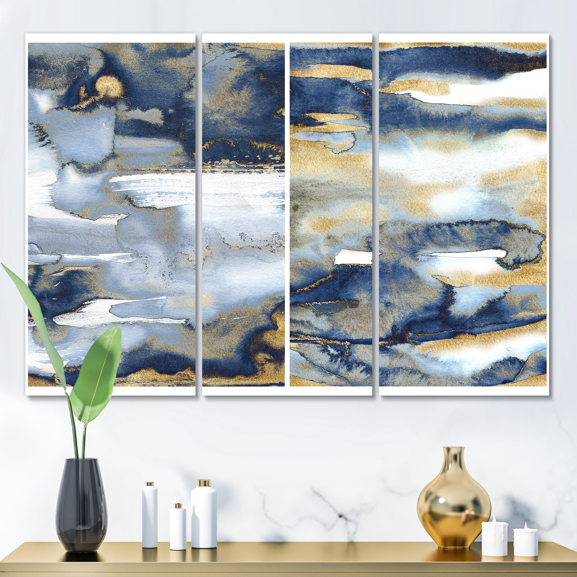 Designart ' Gold and Dark Blue Abstract II ' Modern Canvas Wall Art Print