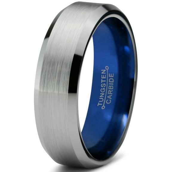 P. Manoukian Tungsten Wedding Band Ring 6mm for Men Women Blue Grey Beveled Edge Brushed Lifetime Guarantee Size 15
