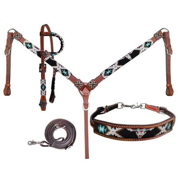 Showman Steer Skull Beaded Design Leather Headstall & Breast Collar Set