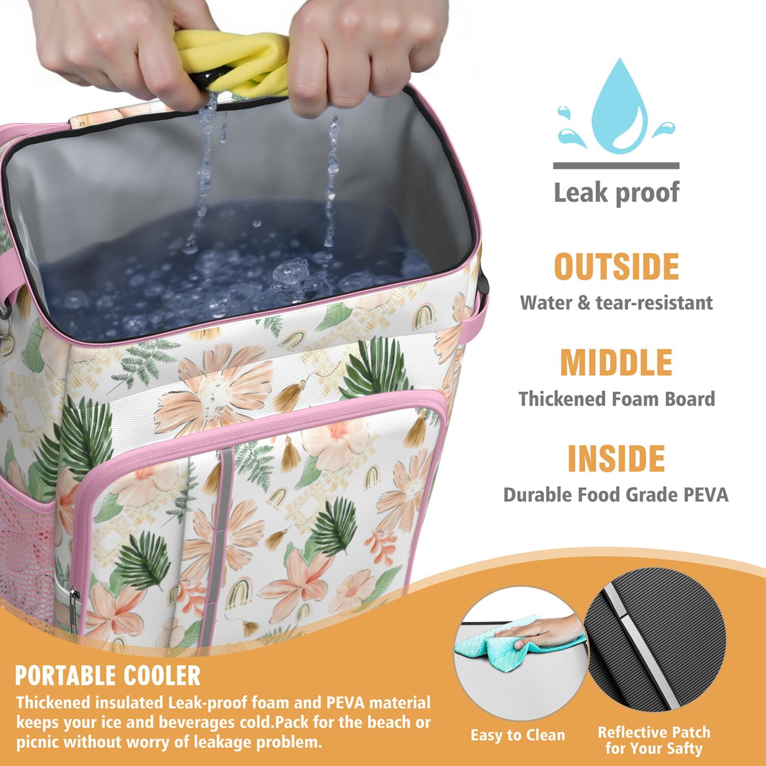 Travel Cooler Bag - Pioneer Flower Floral Print Pattern Camping Beer Cooler Backpack with Bottle Opener- Waterproof Insulated Picnic Backpacks - Cooler Bag for Beach