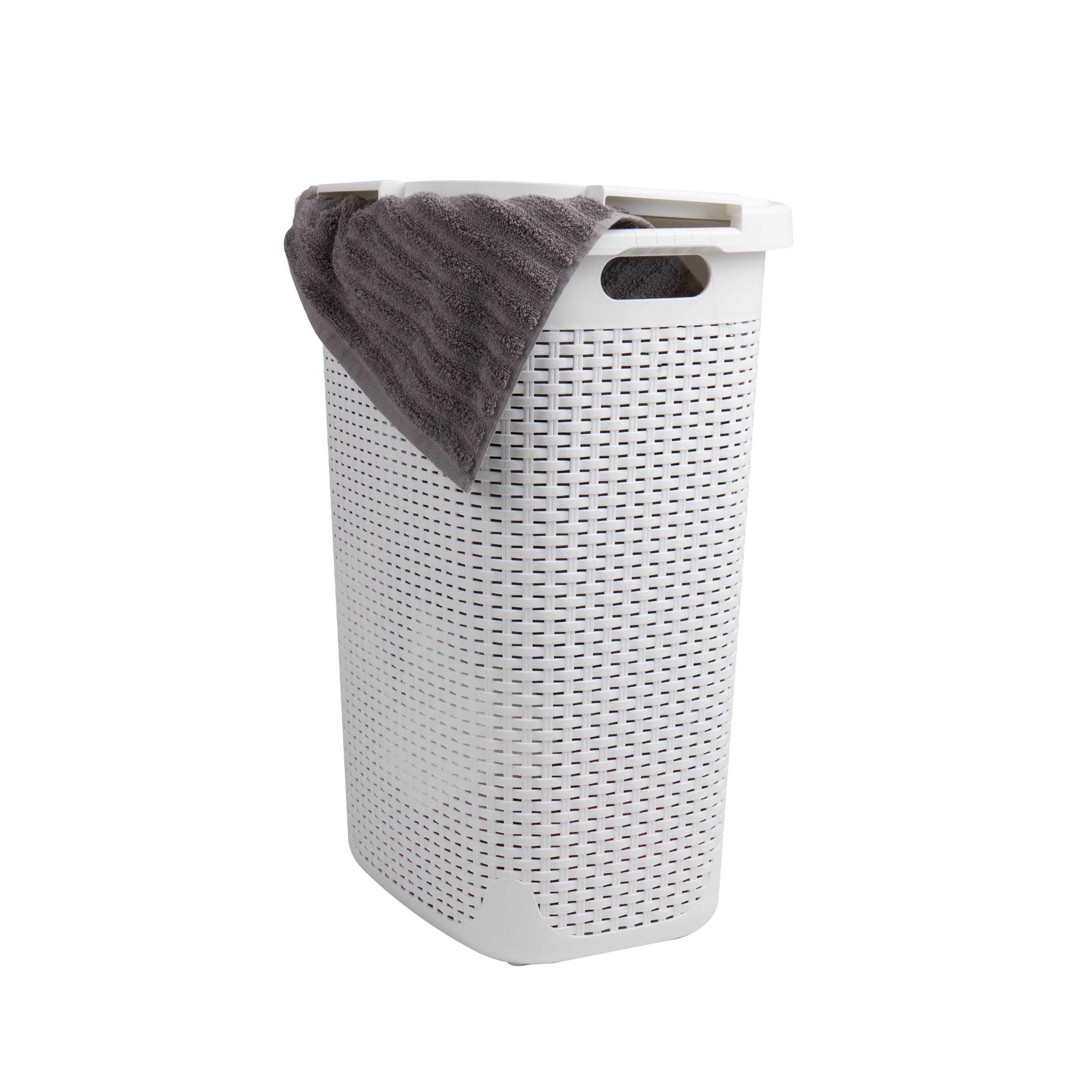 Mind Reader 60L Slim Laundry Hamper, Clothes Basket, Lid, Wicker Style, Plastic, 17.65"L x 13.75"W x 24.15"H, Set of 2, White