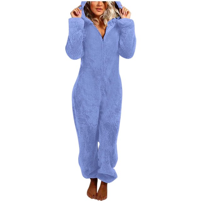 Pyjama Combinaison à Manches Longues pour Femmes avec Capuche, Doux et Chaud, Tenue d'Intérieur d'Hiver Confortable, Couleur Unie