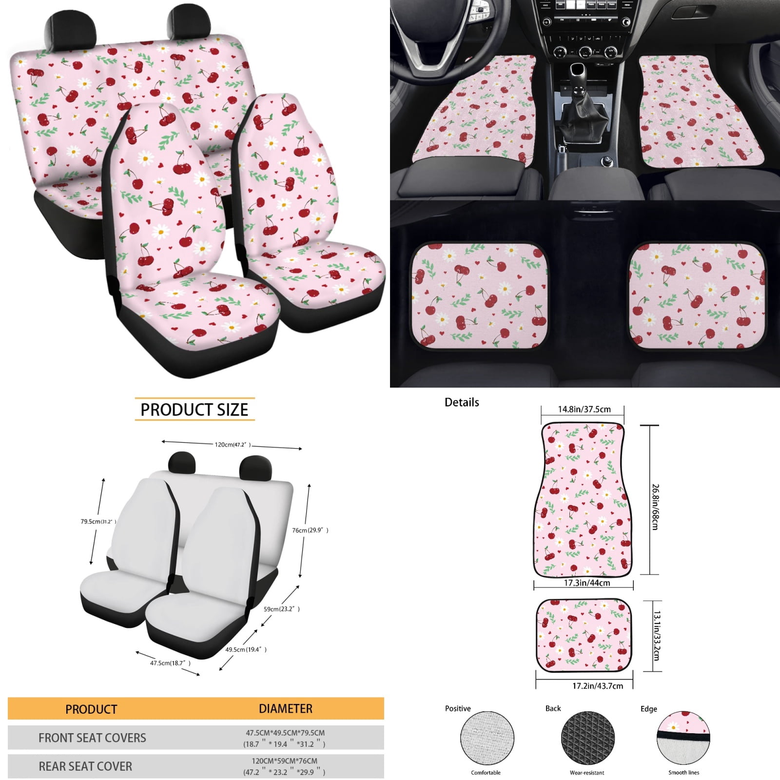 Yuyamidu Cherry Car Seat Cover Set of 15 Daisy Front Back Seat Cover with Car Floor Mats Pink Steering Wheel Cover Seat Belt Pad Handbrake Cover Set Coasters