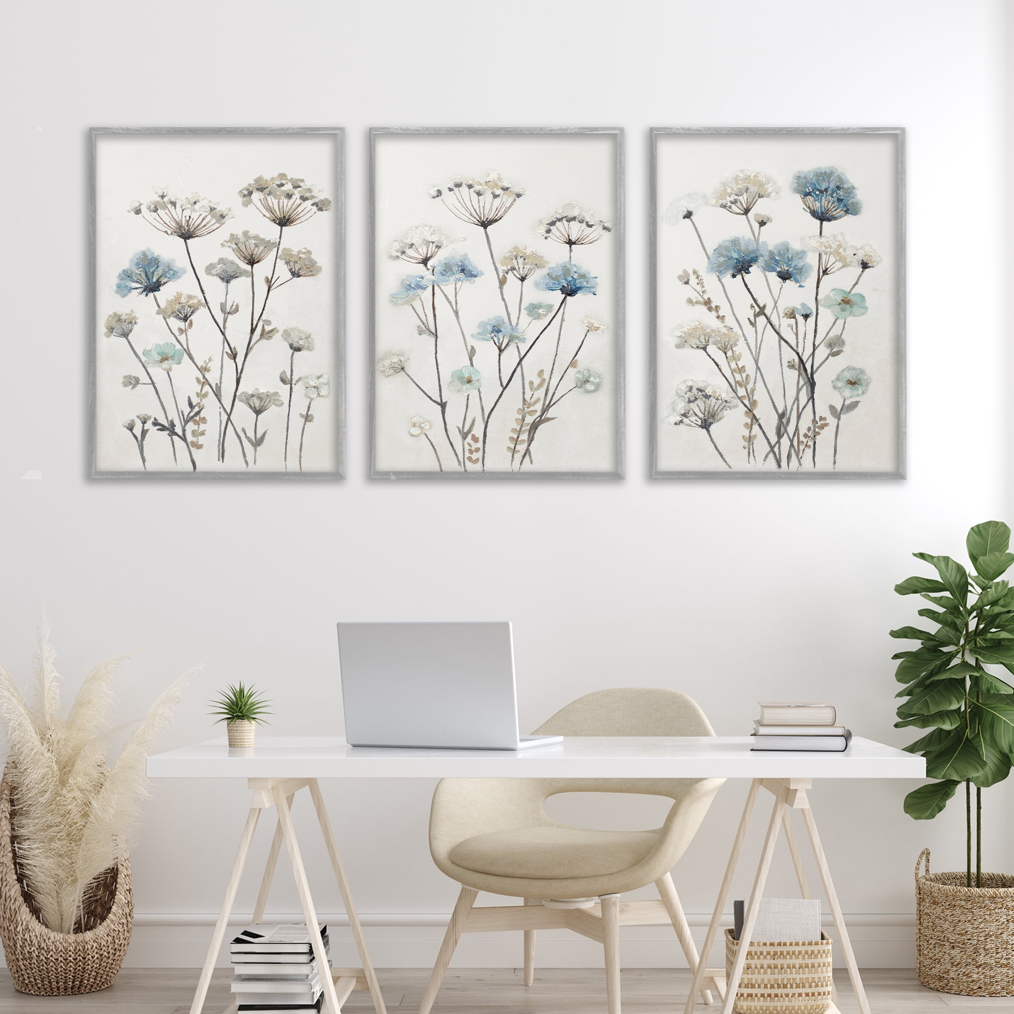 Stupell Industries Neutral & Blue Garden 3 Piece Gray Framed Floater Canvas Set, design by Patricia Pinto