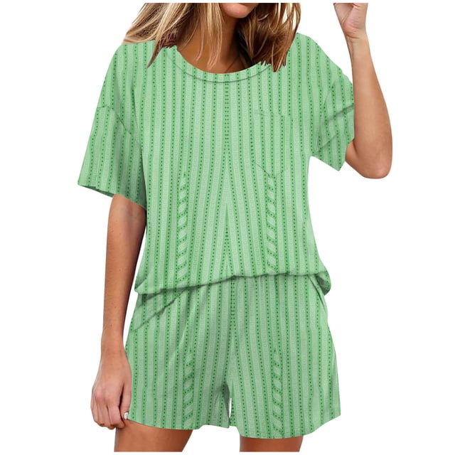 Conjunto de Pijama de las Mujeres de Moda Casual Color Sólido Manga Corta Cuello Redondo Top Y Pantalones