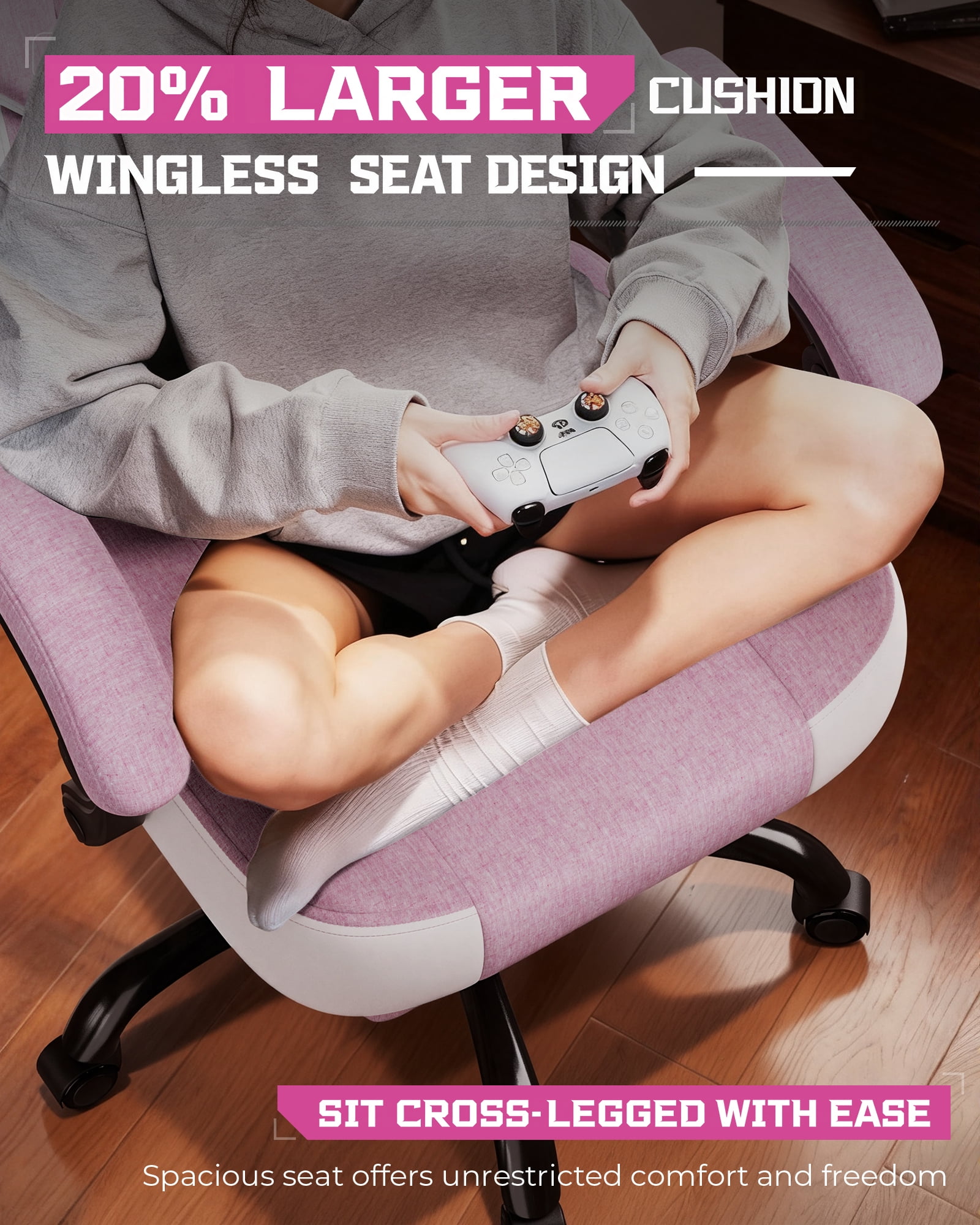 LUCKRACING Fabric PC Gaming Chair with Footrest and Lumbar Support, Pink