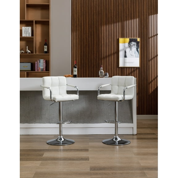 DOMETOUR Adjustable PU Leather Bar Stools Set of 2 with Armrests & Back, Counter Height Swivel Stool, Barstools for Kitchen Counter, White
