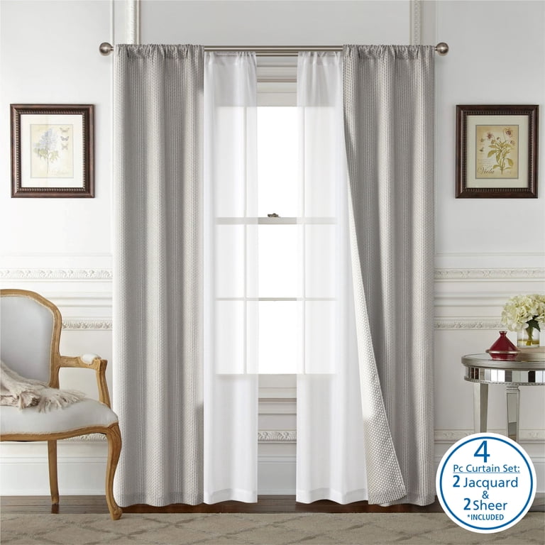 Mainstays Wave Jacquard Curtain Panel Set, 4-Piece, Gray photo 1
