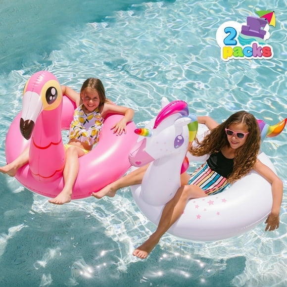 Joyfy 2 Paquets Bouée de Piscine Flamant Rose Licorne, Flotteurs de Plage Amusants, Tubes de Piscine Gonflables Jouets de Fête, Radeau de Piscine d'Été Chaise Longue pour Adultes et Enfants