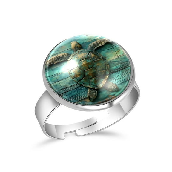 PhooArto Sea Turtle on Teal Wooden Stainless Steel Rings for Women, Open Adjustable Ring Promise Ring Jewelry Gifts