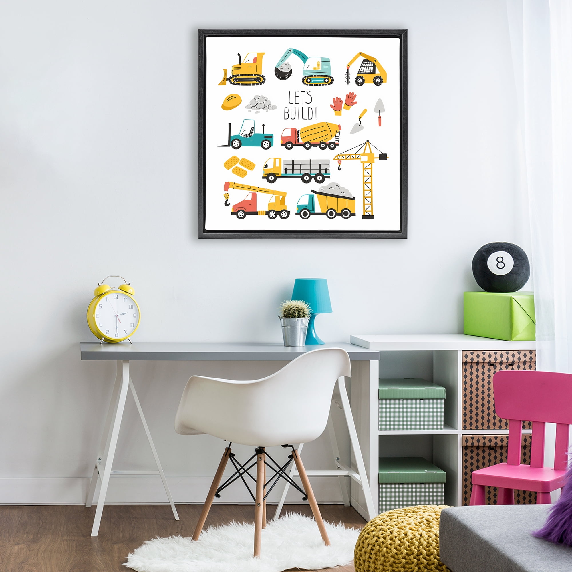Stupell Industries Let's Build Various Construction Trucks Black Framed Floater Canvas Wall Art, design by Creative Studio