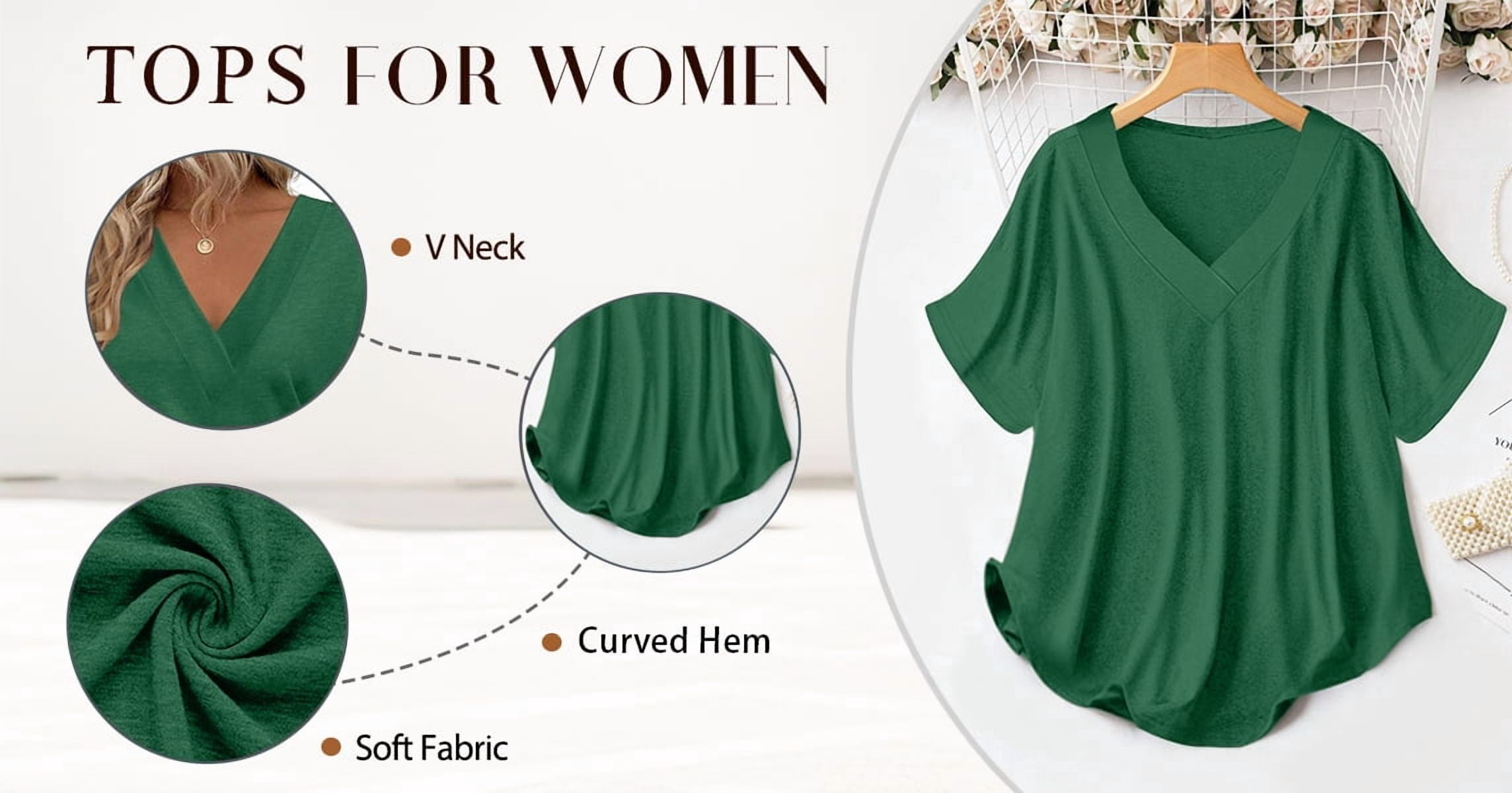 MOSHU Deep V Neck Womens Tops Curved Hem Shirts for Women Fashion Trendy Blouses Casual Loose Fit Tees Tops