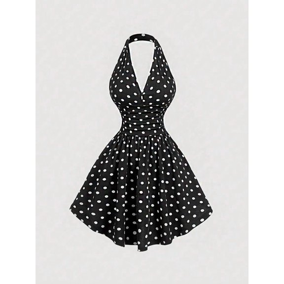 Women's V-Neck Halter Polka Dot Bodycon Dress, Sleeveless Retro Flared Dress with Ruched Bodice