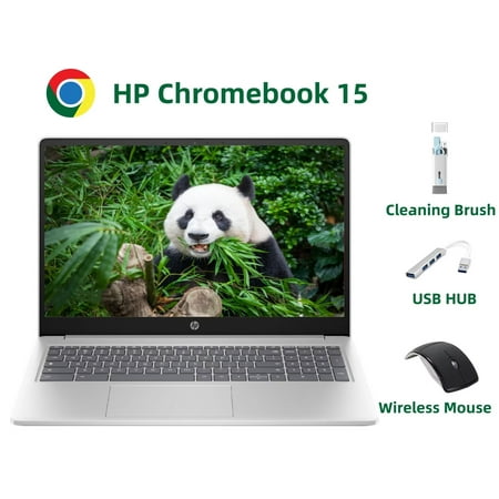 HP Chromebook 15 Laptop, 15.6" HD Intel Processor N200 (Beat i3-10110U), 8GB RAM, 64GB eMMC Storage Webcam, Numeric Keyboard, Chrome OS, Mouse, USBHUB, Cleaning Rush, Silver