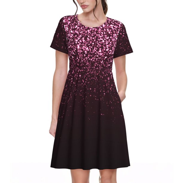 Disketp Pink Glitter Sparkles A para Vestido de Manga Corta para Mujeres, Vestidos de Verano para Mujeres, Casual y Holgado para la Playa