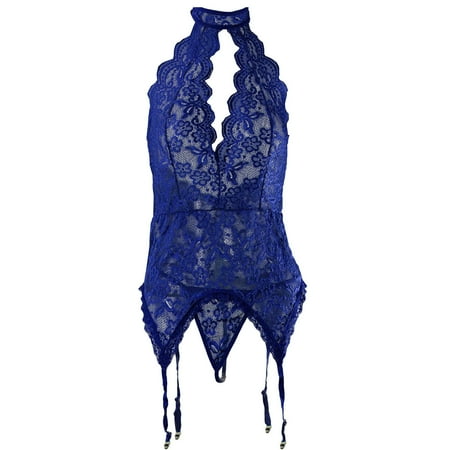

Odeerbi Garter Set Lingerie for Women Fashion Sexy Fishnets Lace Flowers Hollow Halter Neck Mesh Thong Suit Dark Blue