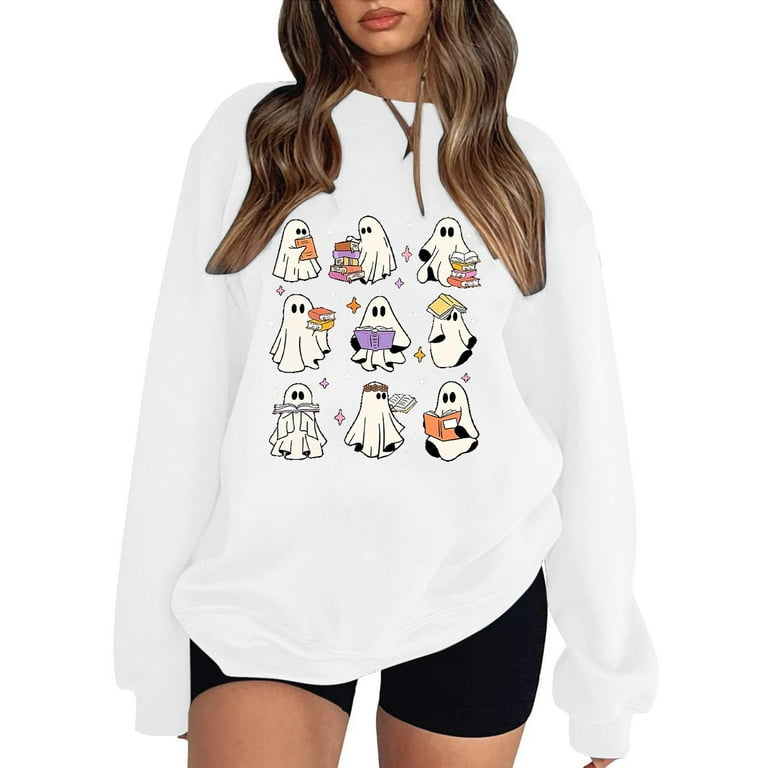 Ximssnen Halloween Tops for Women Autumn Round Neck Halloween Little Devil Print Loose Casual Long Sleeved Sweatshirt Adult Halloween Costumes for