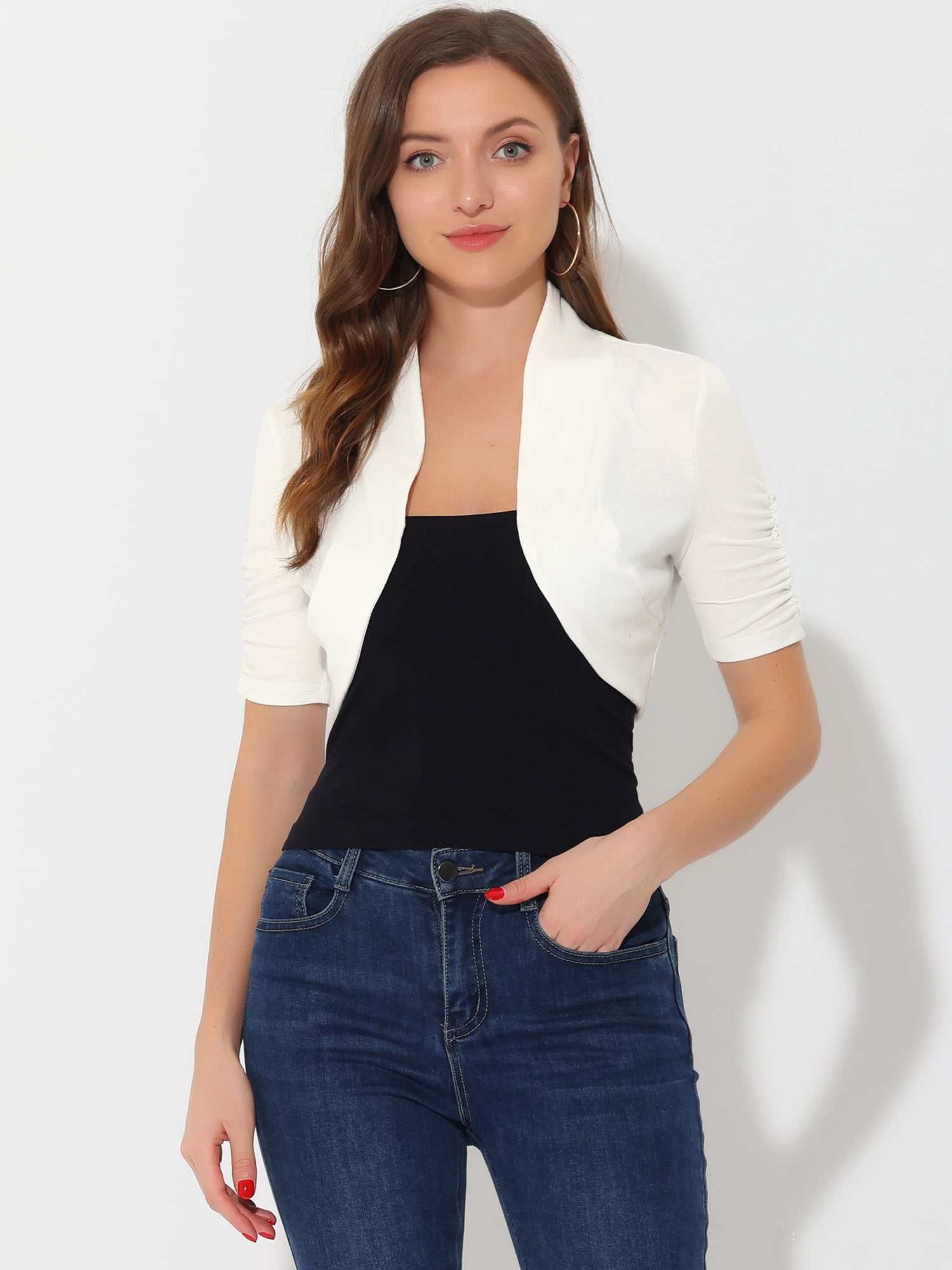 DARING DIVA Women's Ruched Short Sleeve Shrugs Bolero Cropped Cardigan L White