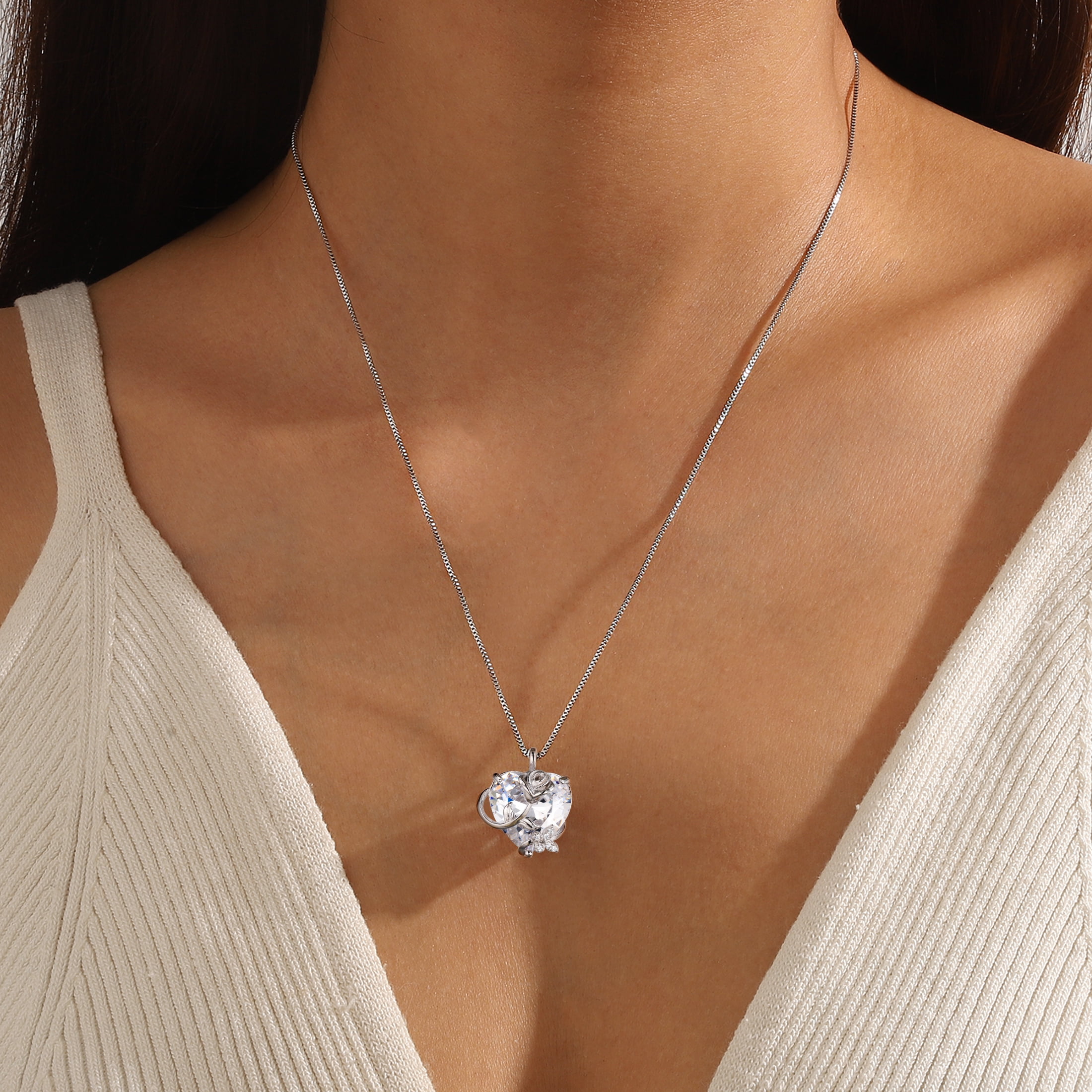 Juwaliy 15MM Women Rose Heart Necklace April Birthstone 925 Sterling Silver Flower Butterfly Pendant Diamond CZ Bridal Jewelry Mother Valentine's Day Gift