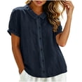 thumbnail image 4 of Yutgune Women's Trendy Cotton Linen Top Casual Solid Color Short-Sleeved Button-Down Blouse Collar Shirt, 4 of 9