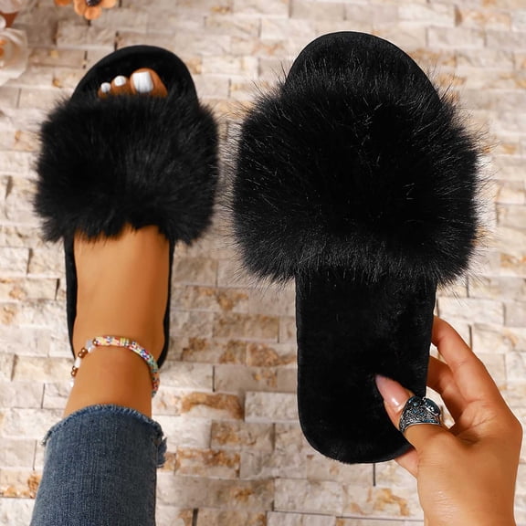 Gamivast Slippers for Women Fuzzy Plush House Slippers Open Toe Soft Bedroom Slippers for Indoor Home Lounge Travel Daily Casual Cozy Footwear Black 36