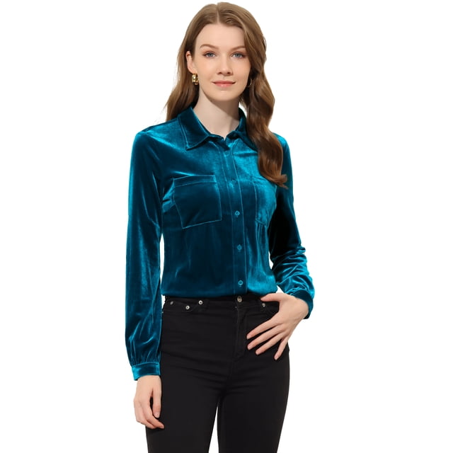 Blusa de terciopelo Allegra K Azul real XS
