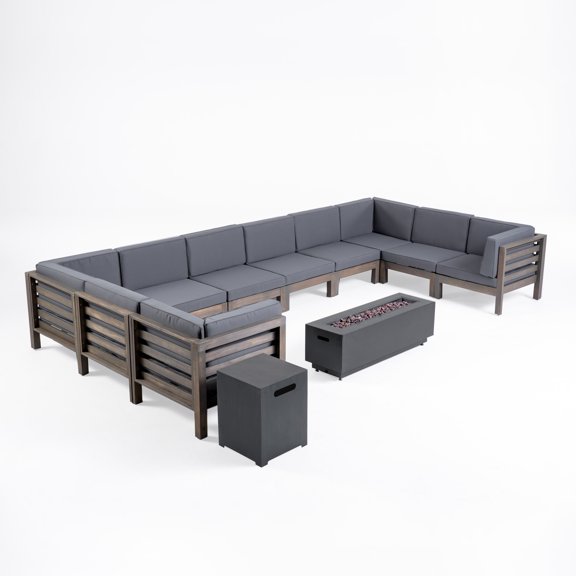 GDF Studio Wiltz Outdoor Acacia Wood 10 Seater Sectional Sofa Set with Fire Pit, Gray and Dark Gray