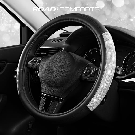 Road Comforts Bling Diamond Leather Steering Wheel Cover, Universal Fit 14" 1/2-15" Steering Wheel Protector Women Girl Suvs,Vans,Sedans,Car,Sliver