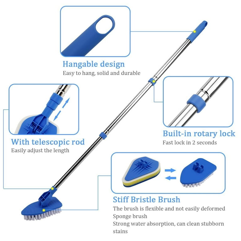 Number-one Floor Scrub Brush with Long Handle 35 inch, Shower Cleaning Brush Telescopic Scrubber Brush Kit, Scrubber with 1 Stiff Bristles & 3 Sponge