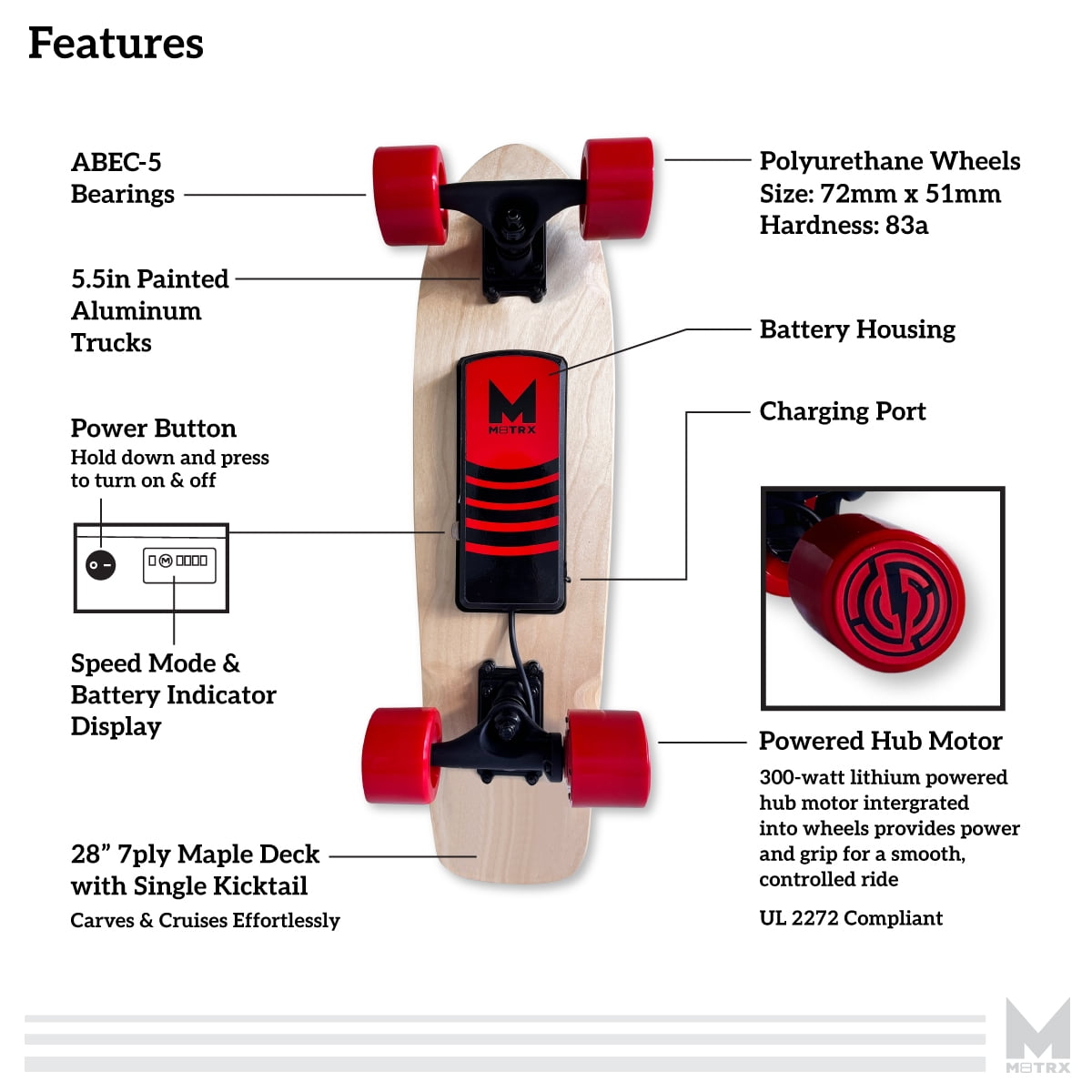 M8TRX EB100 Electric Skateboard, Gravity Sensor Riding, 300 Watt, 28" Deck, 10 MPH, Red