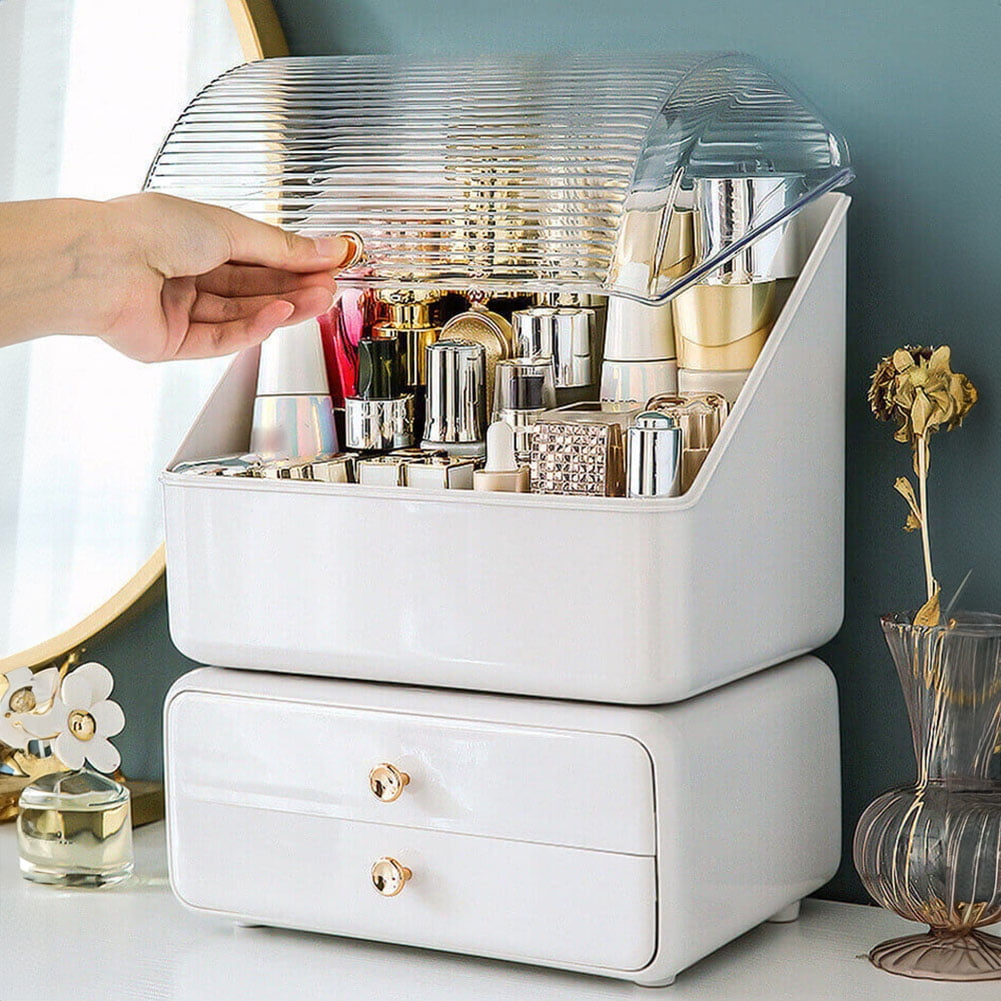 Resenkos Modern Makeup Storage, Waterproof and Dustproof Makeup Organizer and Storage Cosmetics Organizer Box for Countertop with Lid & Drawers, White Resenkos Modern Makeup Storage, Waterproof and Dustproof Makeup Organizer and Storage Cosmetics Organizer Box for Countertop with Lid & Drawers, White