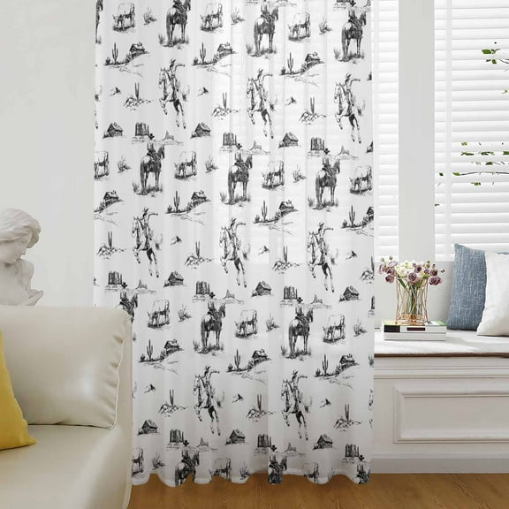 Black Western Cowboy Semi Sheer Curtains Drapes for Living Room, Bedroom, French Doors Window 108 Inches Long, Vintage Horse Cactus Ethnic Art Rod Pocket Chiffon Curtain Drapery Voile Drape Panel