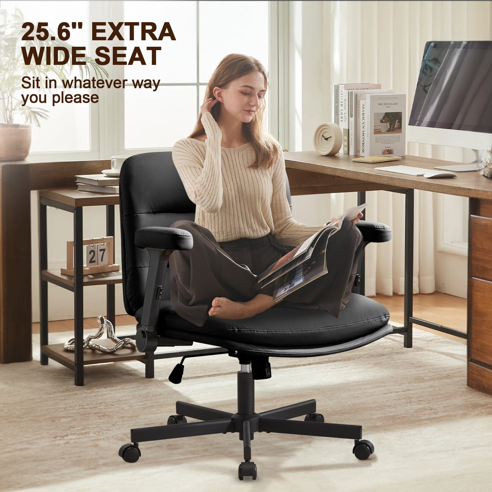 Falvinoryn 25.6" Wide Seat Office Chair, High Back Ergonomic Task Chair with Padded Adjustable Armrests and Double Cushion, Swivel Home Office Desk Chair for Office, Bedroom (Black)