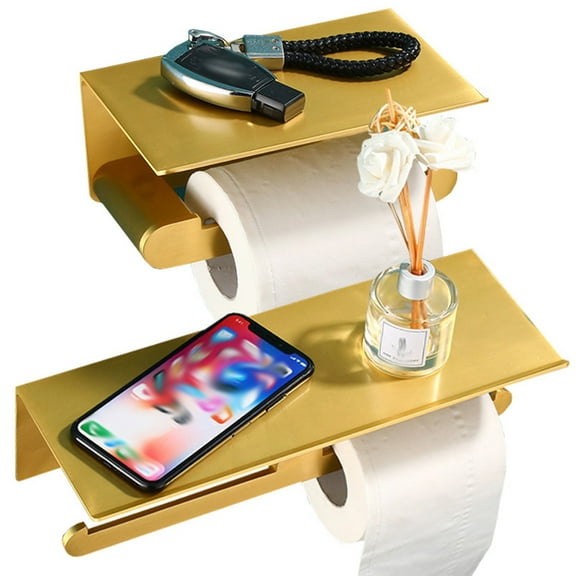 OUNONA Aluminum Alloy Paper Roll Holder with Shelf for Phone and Tissue in Golden Color Modern and 2 in 1 Design
