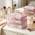 thumbnail image 4 of Double Layers Cosmetic Travel Bag, Large Capacity Mesh Makeup Organizer, Water-Resistant Toiletry Case, Pink, 4 of 5
