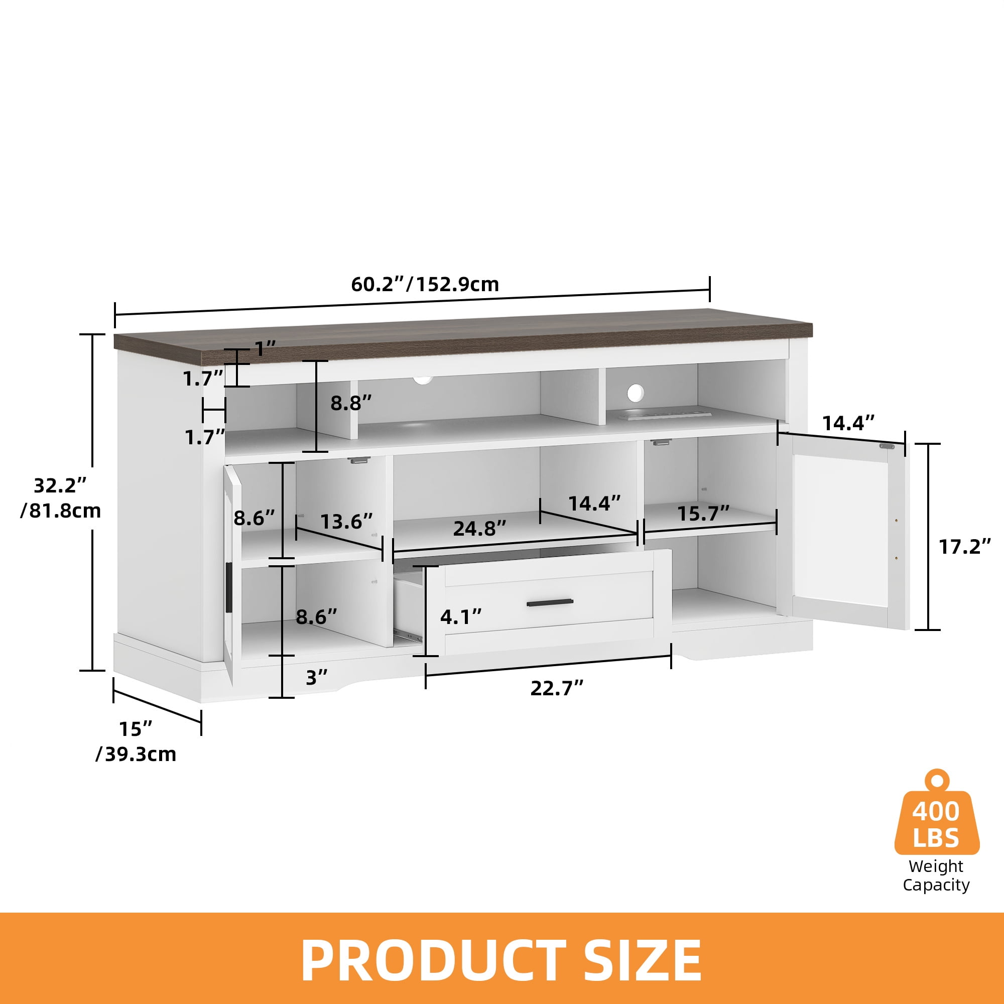 Uforic LED TV Stand for TV up to 65", Highboy Entertainment Center w/Outlets & USB Ports, Media Console Cabinet w/Glass Doors, White