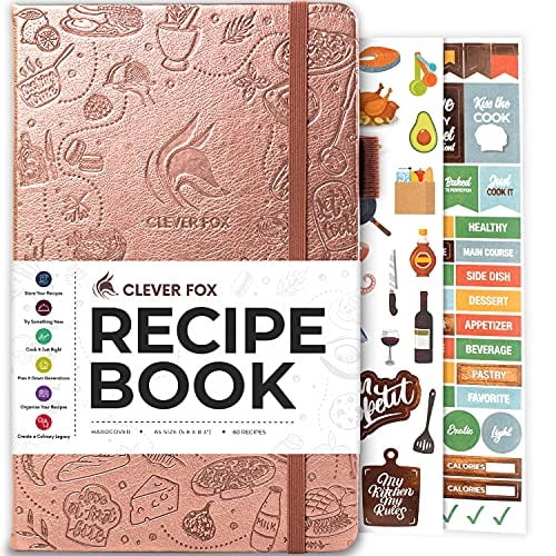 Libro de recetas de Fox Clever - Haz tu propio libro de cocina familiar y organizador de cuaderno de recetas en blanco, diario de cocina vacío para escribir en recetas, tapa dura A5, tiendas 60 receta