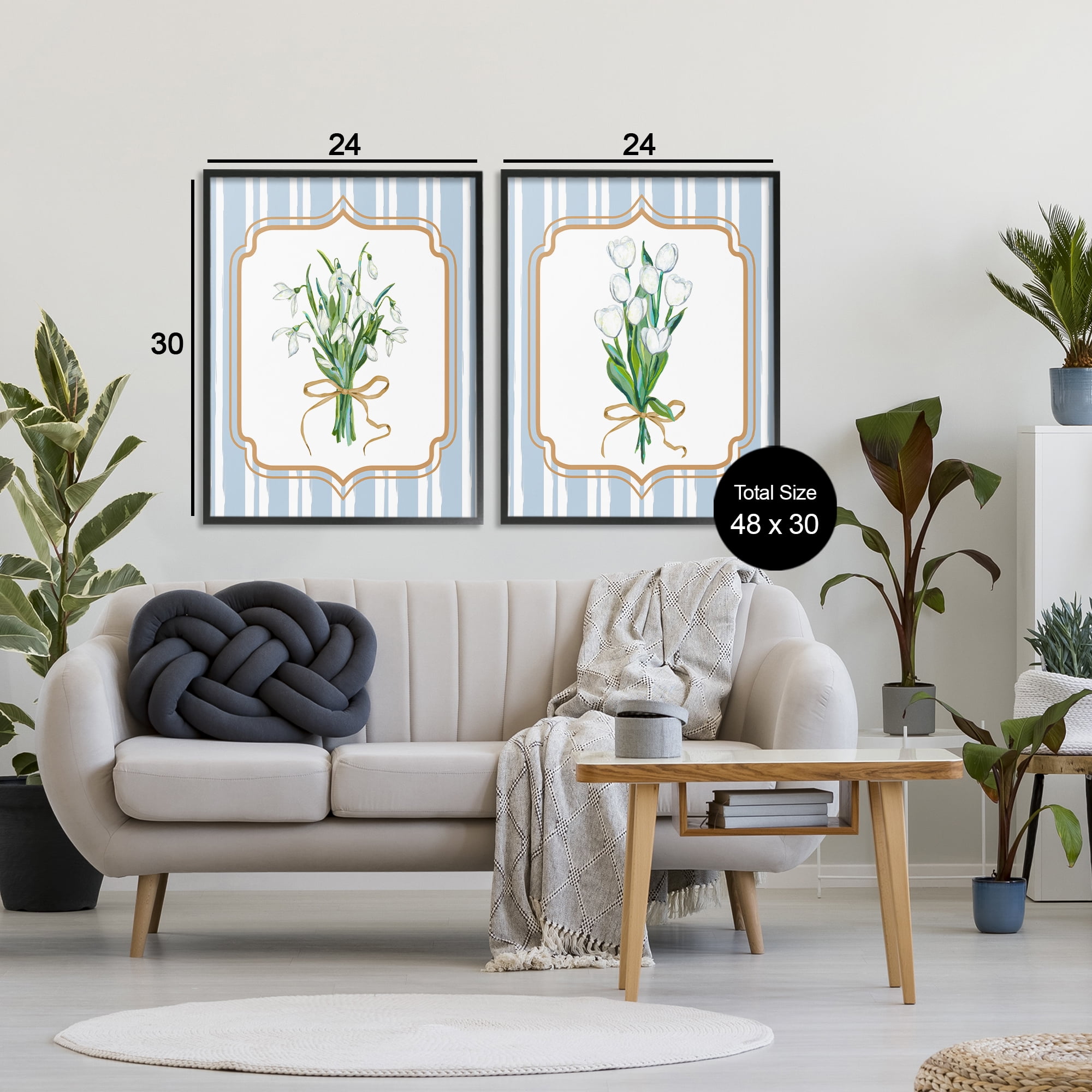 White Flowers Classic Stripes 2 Piece Black Framed Giclee Art Set, design by Adonna Ebrahimi